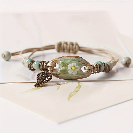 Vintage Style Leaf Pendant Braided Bracelet Elegant Handmade Hand Bracelet Adjustable